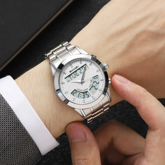 SKMEI Dual Display Men’s Watch | Analog + Digital | Stainless Steel Strap | Waterproof Sports Watch